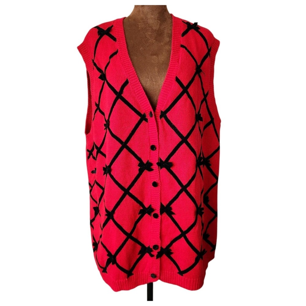 Vintage 90s Sweater Vest Women's Plus Size‎ 2X Red Black Velvet Diamond Bows